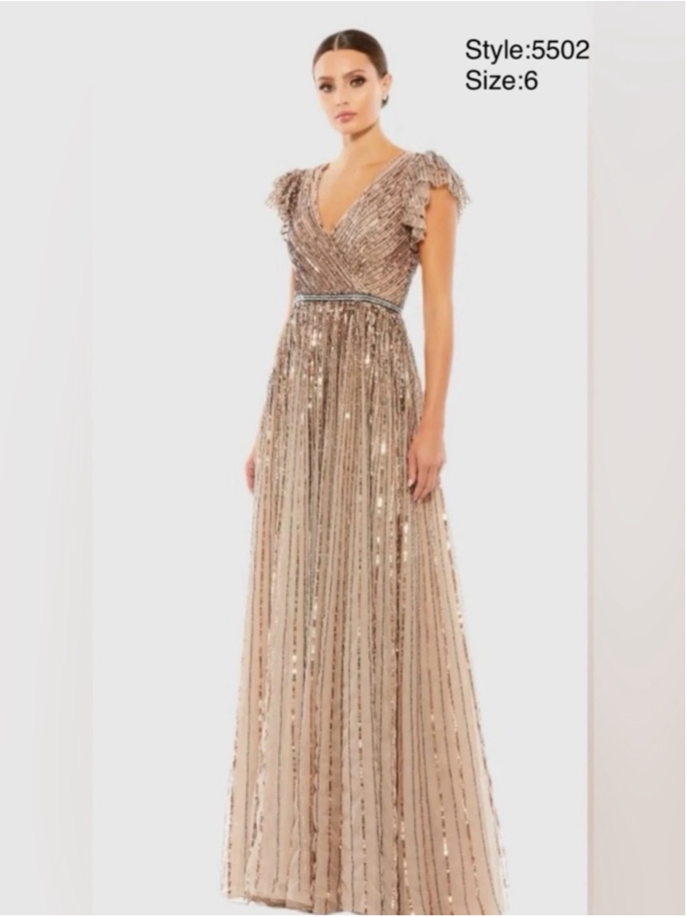Mac Duggal Copper Sequined Wrap Over Ruffled Cap Sleeve Gown